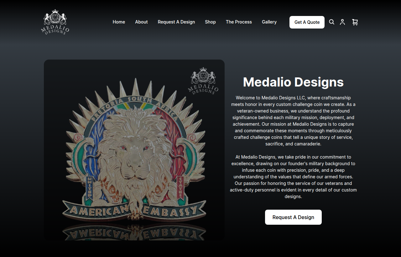 Medalio Designs — live storefront for a veteran-owned custom challenge-coin maker