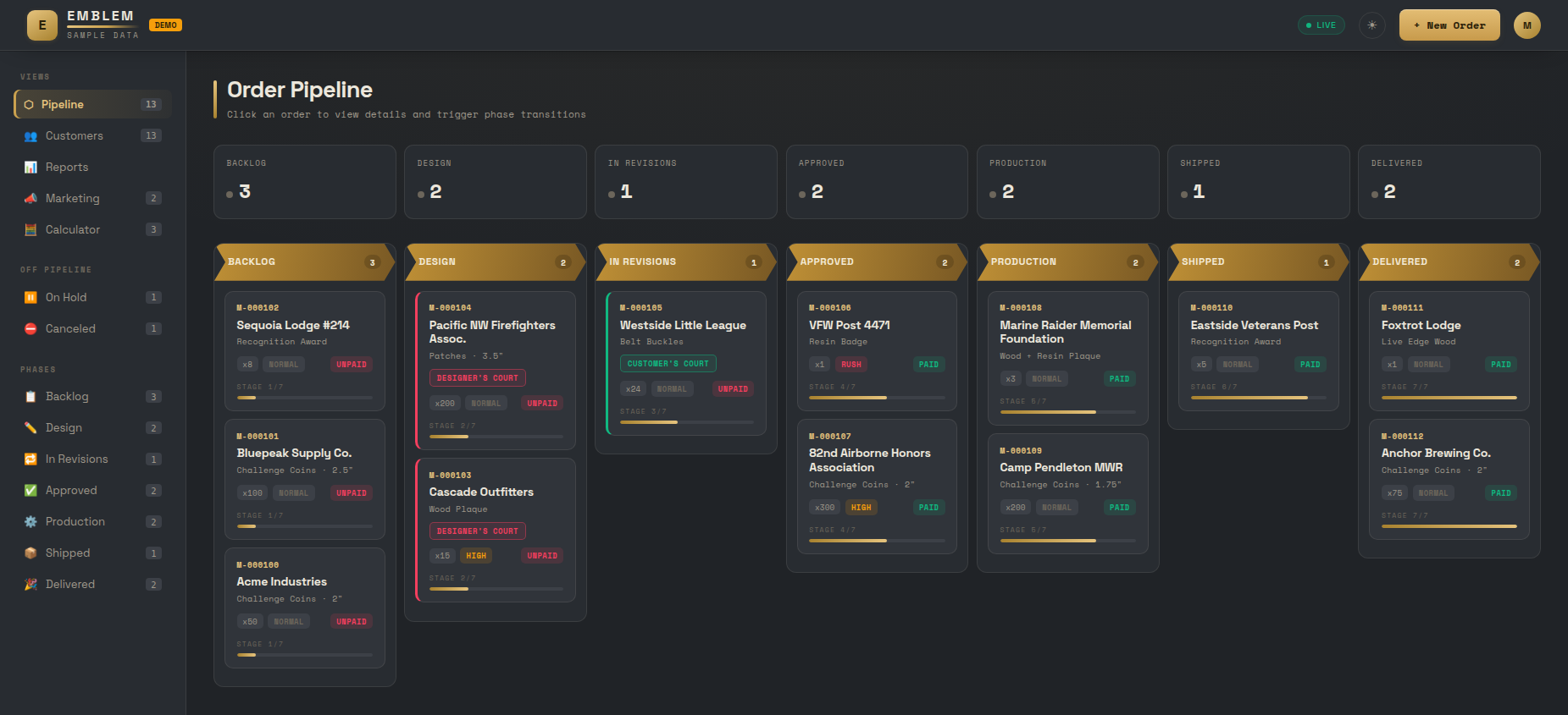 Emblem demo — order pipeline for a custom maker
